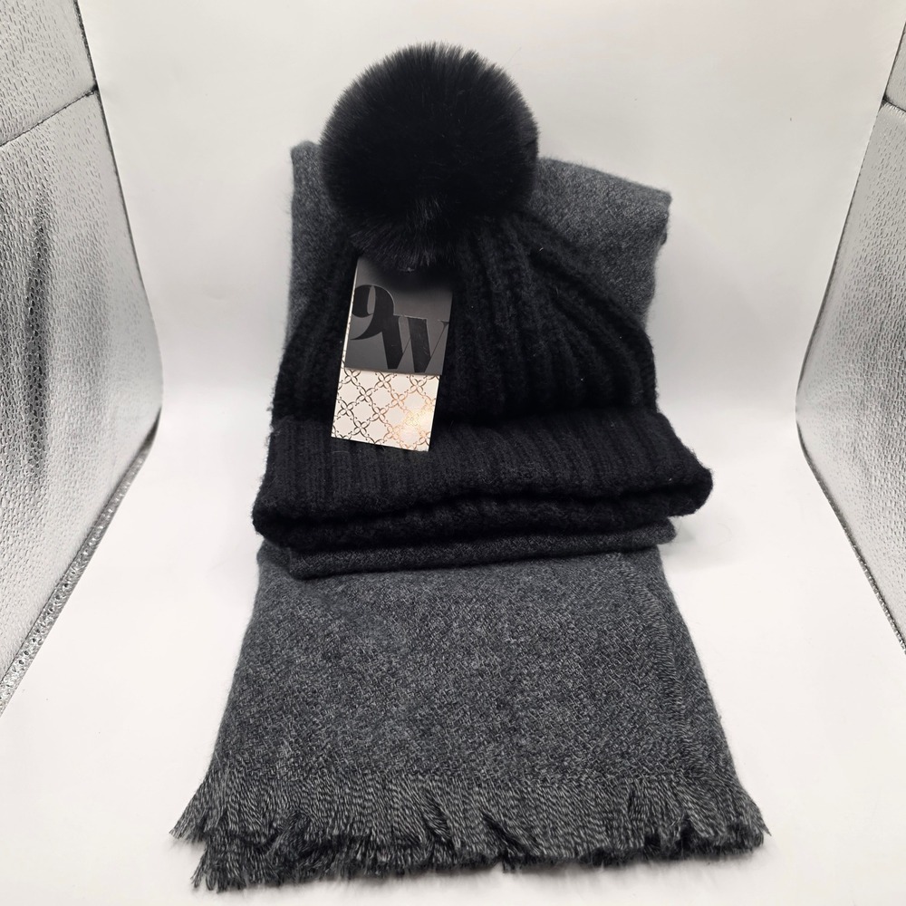 Nine West Beanie and Scarf Set Black Faux Fur Pom Ribbed Knit Grey Fringed Scarf